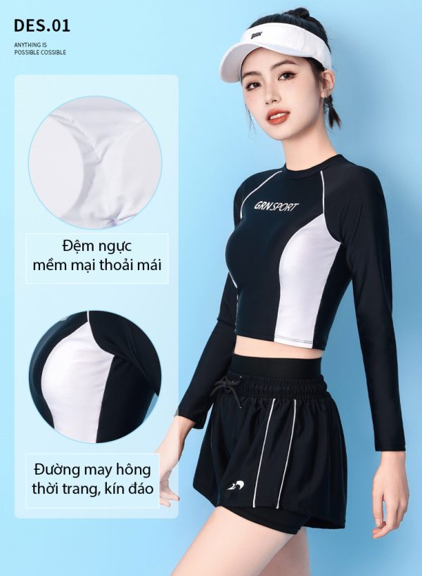 Đồ Bơi Nữ YLIKE Dài Tay Có Đệm Ngực Quần 2 Lớp - Hình ảnh 3